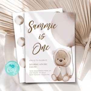 Teddy Bear 1st Birthday Invitation: Brown Balloon, Gender Neutral (Digital Download)