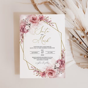 SINTA - Wedding Invitation Template, Dusty Rose Wedding Invitation, Printable Wedding Invitation Floral Dusty Pink, Blush Wedding Template