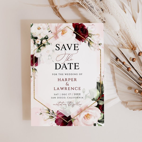 HARPER - Save the Date Template, Floral Save The Date Invite, Burgundy Blush Save the Date Card, Printable Editable Wedding Save the Date