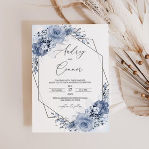 AUDREY - Dusty Blue Wedding Invitation Template, Floral Wedding Invites, Printable Wedding Invitation Template Download, Dusty Floral, Corjl