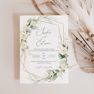 Hochzeitseinladung Vorlage mit Ivory White Roses, bearbeitbare Hochzeitseinladung Sage Grün Weiß Florals Sofortiger Download, SASKIA