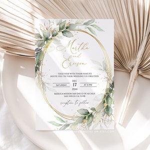 MARTHA - Wedding Invitation Template, Printable Wedding Invites, Boho Greenery and Faux Gold Wedding Invitation, Wedding Invitation Editable