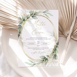 MARTHA - Wedding Invitation Template, Printable Wedding Invites, Boho Greenery and Faux Gold Wedding Invitation, Wedding Invitation Editable