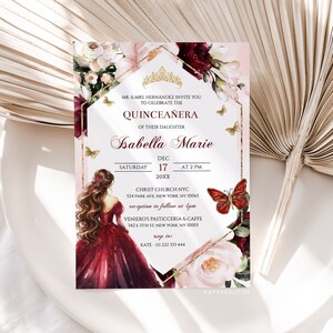 Burgundy Floral Quinceañera Invitation Template (DIY Editable)