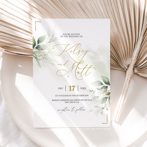 KELSEY - Greenery Wedding Invitation Template Download, Printable Wedding Invitation, Greenery and Faux Gold Wedding Invitation Editable