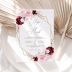 HOFFNUNG - Altrosa Hochzeitseinladung Vorlage Download, druckbare Hochzeitseinladung, Burgundy und Faux Gold bearbeitbare Hochzeitseinladung