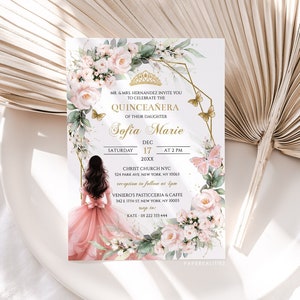 Blush Pink Floral Quinceañera Invitation Template (DIY Editable)