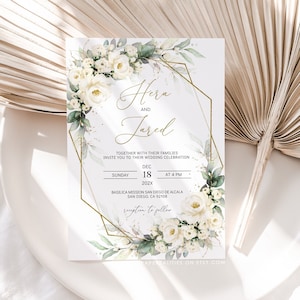 HERA - Wedding Invitation Template with Ivory White Roses, Printable Wedding Invitation Roses, Greenery with White Flowers Wedding Invites