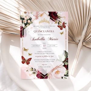 Burgundy Floral Quinceañera Invitation Template (Digital Download)
