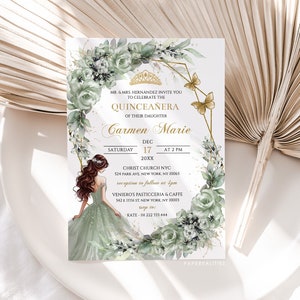 Sage Green & Gold Quinceanera Invitation Template (DIY)