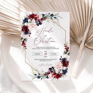 HEIDI - Burgundy Navy Blush Wedding Invitation Template, Wedding Invitation Printable, Editable Wedding Invites, Deep Red Navy & Blush Pink