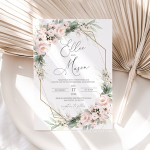 ELLIE - Sage Floral Wedding Invitation Template, Printable Wedding Invitation, Floral Blush Wedding Invites, Sage Green Wedding Templates