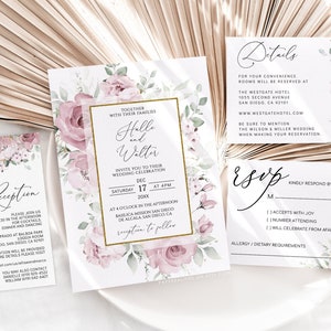 HALLE - Dusty Mauve Hochzeitseinladungsvorlage, Staubrose, Aquarell Blumeneinladung, druckbare bearbeitbare Hochzeitseinladung Download