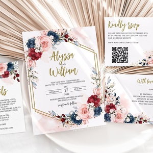 ALYSSA - Wedding Invitation Template, Wedding Invitation with QR Code Floral Navy Burgundy Blush Printable Editable Invites Download Corjl