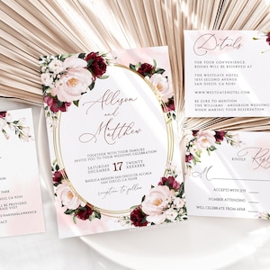 HARPER - Elegant Floral Wedding Invitation Suite Template, Blush Burgundy & Gold Wedding Invitation, Printable Editable Wedding Invites Set