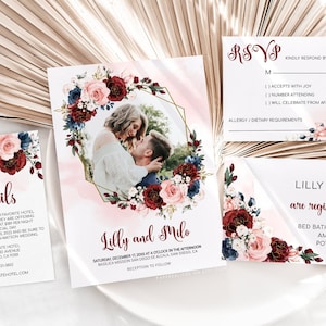 Burgundy Floral Photo Wedding Invitation Template (Digital Download)