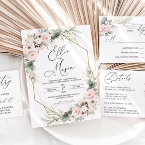 May include: Wedding invitation suite featuring a floral design with pink flowers and greenery. The invitation includes the names "Ellie and Mason", the date "17 December 20XX", and the time "4 PM". The RSVP card includes the text "Kindly Reply by 30 October". The details card includes the text "Details" and information about the wedding reception.