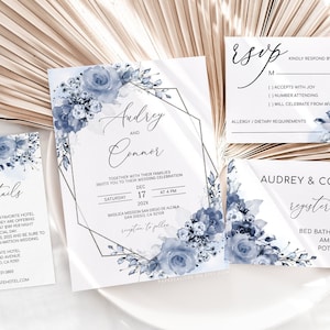 AUDREY - Dusty Blue Wedding Invitation Template, Wedding Invitation, Printable Editable Wedding Invitation, Floral Wedding Invitation Set