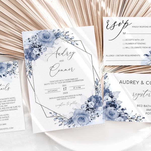 AUDREY - Dusty Blue Wedding Invitation Template, Wedding Invitation, Printable Editable Wedding Invitation, Floral Wedding Invitation Set