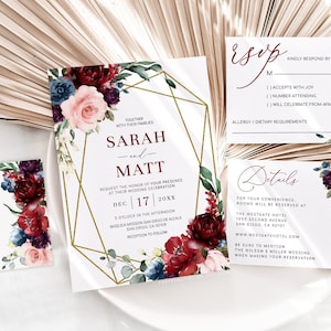 Navy Burgundy Floral Wedding Invitation Template (Digital)