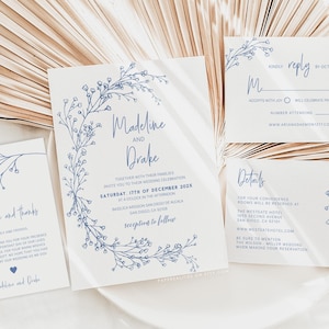 Blue Floral Wedding Invitation Template: Editable Invite Suite (Digital Download)