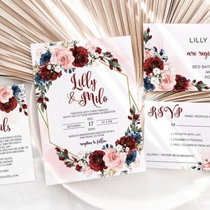 LILLY - Burgundy Navy Blush Wedding Invitation Template, Floral Wedding Invitation, Printable Wedding Invitation Template, Geometric Floral