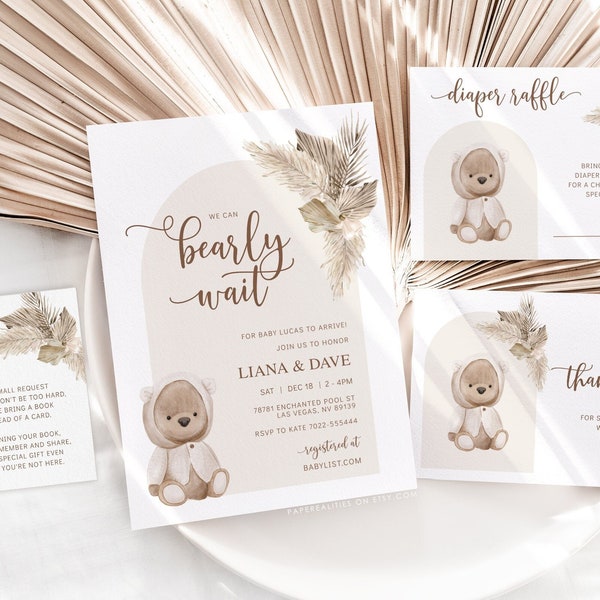 Boho Bear Baby Shower Invitation Template, Teddy Bear Baby Shower Invitation Printable Editable, Gender Neutral Boho Baby Shower Invite