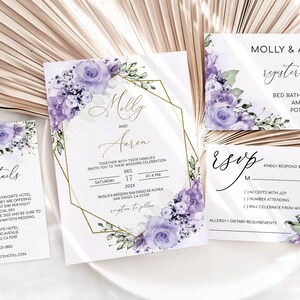 MOLLY - Lilac Wedding Invitation, Floral Wedding Invitation Template Download, Lavender Lilac Gold Wedding Template, Purple Wedding Invites