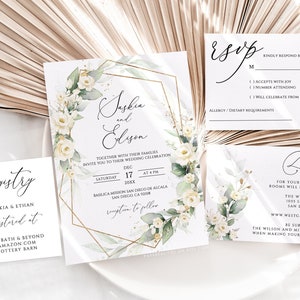 Ivory White Floral Wedding Invitation Set (Digital Download)