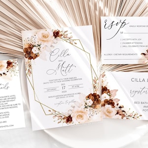 Fall Wedding Invitation Template, Floral Burnt Orange Wedding Invitation RSVP Details, Editable Wedding Invites Terracotta Boho Rust, CILLA