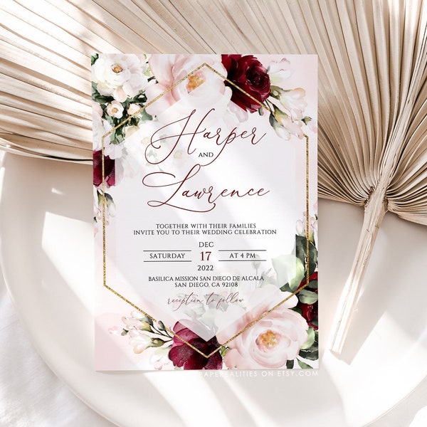 HARPER - Wedding Invitation Template, Burgundy Wedding Invitation, Printable Wedding Invitation Template Download, Wedding Invites Burgundy