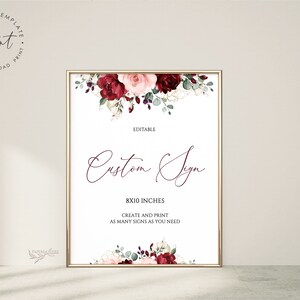 EMILY - Modello di cartello personalizzato, cartello da tavolo per matrimonio stampabile e personalizzabile, cartello per matrimonio floreale stampabile, cartello da tavolo bordeaux e fard