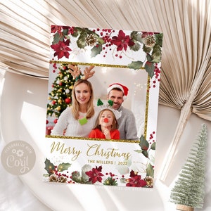 Cartolina fotografica di Natale, Modello per cartolina fotografica di Buon Natale, Cartolina fotografica di Natale, Cartolina fotografica modificabile stampabile Download fai-da-te, FELIZ