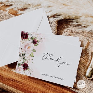 HARPER - Burgund Blush Hochzeit Dankeskarte, Aquarell Blumen Dankeskarte, druckbare Dankeskarte, Dankeschön Karte Hochzeit