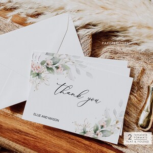 ELLIE - Greenery Blush Dankeskartenvorlage, Dankeskarte für Blumenhochzeit, Dankeskarte, druckbare bearbeitbare Dankeskarte, flache Karte