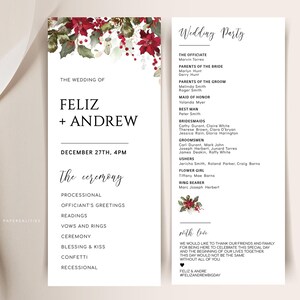 May include: A wedding invitation with a red and green floral design. The invitation features the names "Feliz + Andrew" and the date "December 27th, 4PM". The back of the invitation lists the wedding party and includes the text "with love".