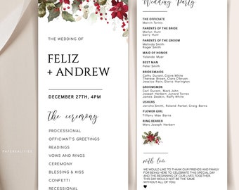 Plantilla de programa de boda de invierno: Ceremonia navideña editable (descarga digital)