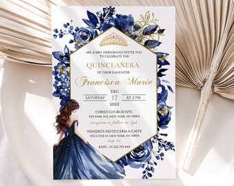 Dunkelblaue & Gold Quinceañon Einladungsvorlage (Digitaler Download)
