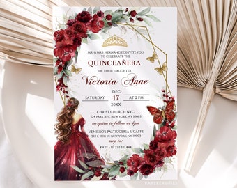 May include: A Quinceañera invitation with a gold geometric frame and floral accents. The invitation features a watercolor illustration of a woman in a red dress, a butterfly, and a crown. The text reads "MR. & MRS. HERNÁNDEZ INVITE YOU TO CELEBRATE THE QUINCEAÑERA OF THEIR DAUGHTER VICTORIA ANNE DEC 17 AT 2 PM 20XX CHRIST CHURCH NYC 524 PARK AVE, NEW YORK, NY 10065 reception to follow at 4pm VENIERO'S PASTICCERIA & CAFFE 342 E 11TH ST NEW YORK, NY 10003 RSVP to: KATE - 111 222 333 444 PAPEREALITIES".