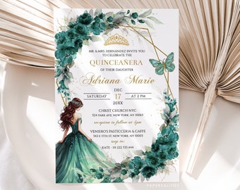May include: A Quinceañera invitation with a gold frame and green floral accents. The invitation features a watercolor illustration of a young woman in a green gown and a butterfly. The text reads "MR & MRS HERNANDEZ INVITE YOU TO CELEBRATE THE QUINCEAÑERA OF THEIR DAUGHTER Adriana Marie DEC 17 AT 2 PM 20XX CHRIST CHURCH NYC 524 PARK AVE, NEW YORK, NY 10065 reception to follow at 4pm VENIERO'S PASTICCERIA & CAFFE 342 E 11TH ST, NEW YORK, NY 10003 RSVP to: KATE | 222 333 444 PAPEREALITIES"