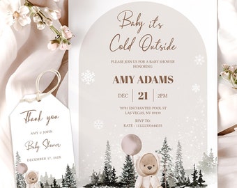 Winter Bear Baby Shower Invitation: Neutral Woodland Theme (Editable Template)