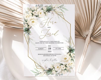 HERA - Wedding Invitation Template with Ivory White Roses, Printable Wedding Invitation Roses, Greenery with White Flowers Wedding Invites