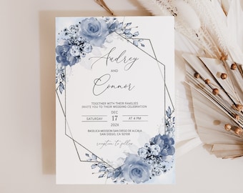 Dusty Blue Floral Wedding Invitation Template (Digital Download)