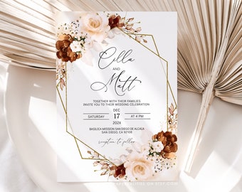 Burnt Orange Floral Wedding Invitation Template (Digital Download)
