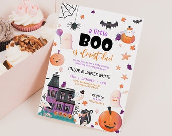 May include: A Halloween-themed baby shower invitation with a purple and orange color scheme. The invitation features a cartoon illustration of a haunted house, ghosts, bats, pumpkins, and a spider web. The text on the invitation reads "a little BOO is almost due!" and includes the names Chloe & James White, the date and time of the shower, and the address.