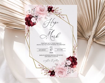 Dusty Pink Floral Wedding Invitation Template (Digital Download)