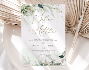 Greenery Wedding Invitation Template: Botanical Leaves (Digital Download)