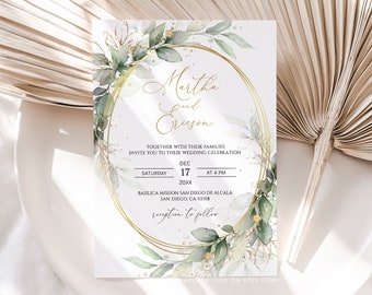 Boho Greenery Wedding Invitation Template with Faux Gold (Digital Download)