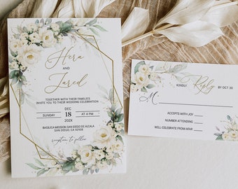 Weisse Blumenhochzeitseinladung Vorlage für Hochzeitseinladung (Digitaler Download)