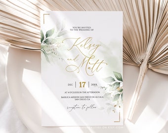 KELSEY - Greenery Wedding Invitation Template Download, Printable Wedding Invitation, Greenery and Faux Gold Wedding Invitation Editable